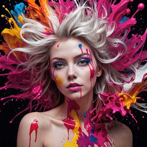The image shows a close-up portrait of a woman with vibrant hair splattered across her face and body. The colors used for the splatter are pink, blue, yellow, and orange, creating an abstract and colorful effect on the woman's appearance.