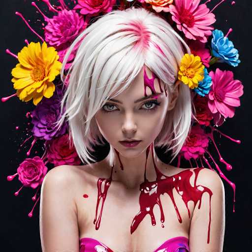 The image shows a close-up portrait of a woman with white hair and pink streaks on her forehead. She is wearing a pink dress that has red paint splattered across it, giving the impression of a dramatic or artistic effect. The background features a black canvas adorned with colorful flowers in shades of yellow, purple, and blue.