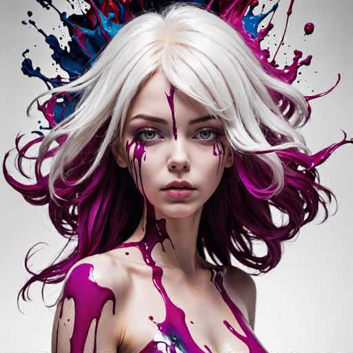 The image shows a close-up portrait of a woman with white hair and purple streaks running down her face. The woman is wearing a wig that has been painted with blue and pink splatters, giving it an artistic and unique appearance. The background is plain white, which contrasts with the vibrant colors on the woman's face and highlights her features.