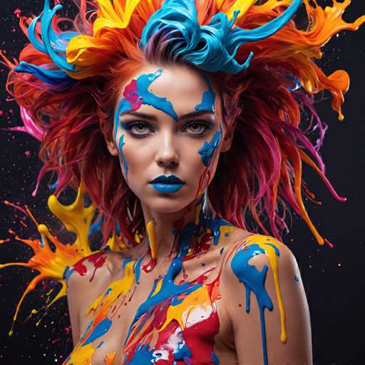 The image shows a woman with vibrant hair and face paint that is splattered across her body. The colors of the paint include blue, red, yellow, green, orange, pink, and purple. The background appears to be black, which contrasts with the colorful elements on the woman's body.