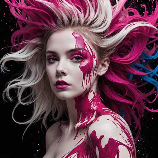 The image shows a close-up portrait of a woman with pink and white hair styled into an elaborate updo. The woman's face is painted with red and blue paint splatters, giving her a unique and striking appearance. The background is black, which contrasts with the vibrant colors on the woman's face and highlights her features.