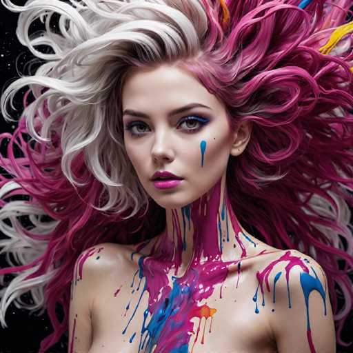 The image shows a close-up portrait of a woman with long, vibrant hair that is painted in various colors including pink and blue. The woman's face is not visible due to the focus on her hair. The background appears to be black, which contrasts with the colorful hair and draws attention to the subject.
