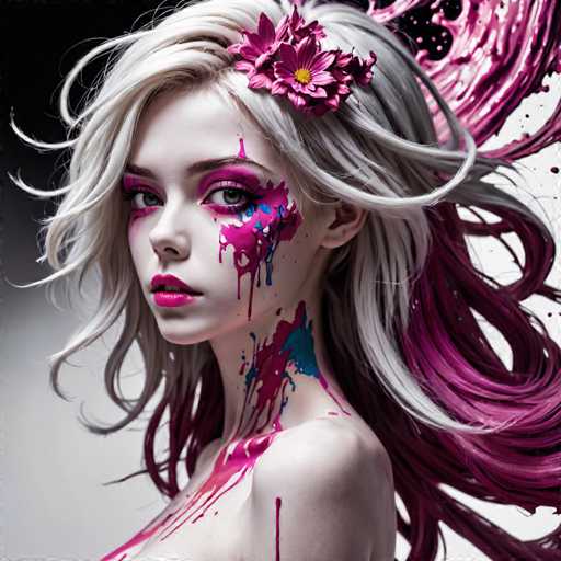 The image shows a close-up portrait of a woman with long blonde hair and pink flowers on her face. The woman is wearing a white dress that has blue and red paint splattered across it, giving the impression of an artistic or creative expression. The background is black, which contrasts with the vibrant colors of the woman's dress and makeup.