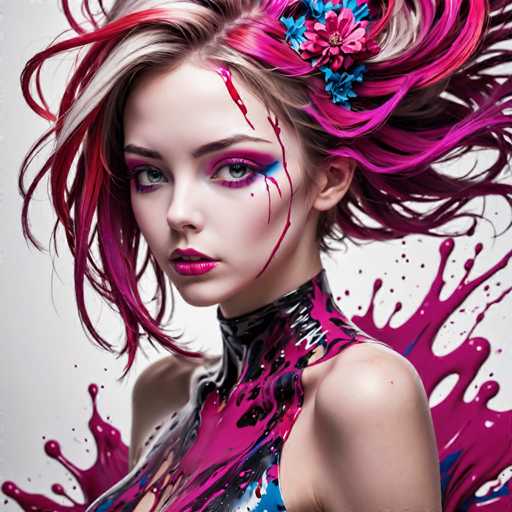 The image shows a young woman with vibrant pink hair and makeup, including blue eyeshadow and red lipstick. She is wearing a black top that has splatters of paint on it, giving her an artistic and edgy appearance. The background is white, which contrasts with the colorful elements in the foreground, making them stand out even more.
