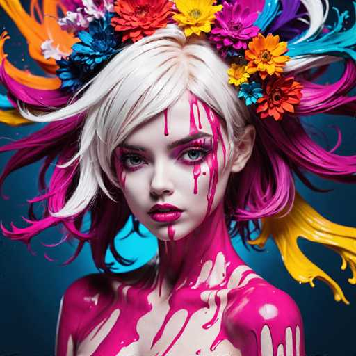 The image shows a close-up portrait of a person with vibrant hair and makeup that includes pink and purple hues. The individual's face is adorned with colorful flowers painted on it, adding to the overall artistic style. The background features a gradient blue color, which complements the vivid colors in the foreground.