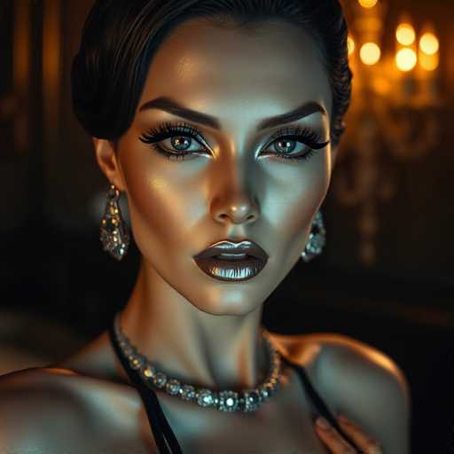 The image shows a close-up portrait of a woman with dark hair and striking blue eyes. She is wearing a necklace that features large, sparkling diamonds. The background is dark and out of focus, drawing attention to the woman's face as the main subject of the image.