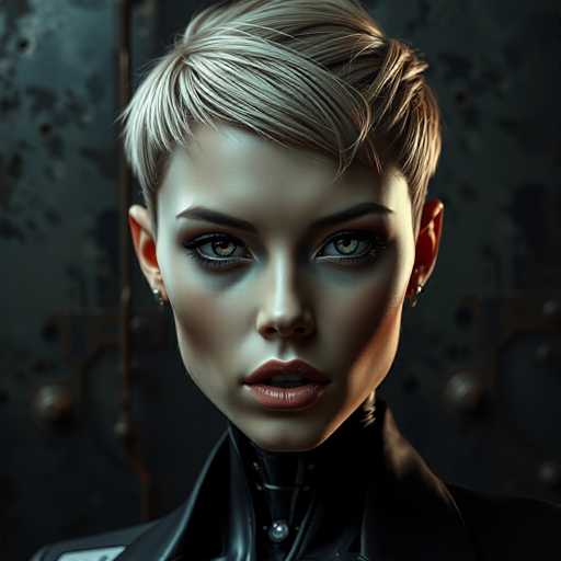 A woman with short blonde hair and dark eyes is the central figure in this digital illustration. She is wearing a black leather jacket that contrasts with her light skin tone. The background features a metallic surface with holes, giving an industrial feel to the scene.