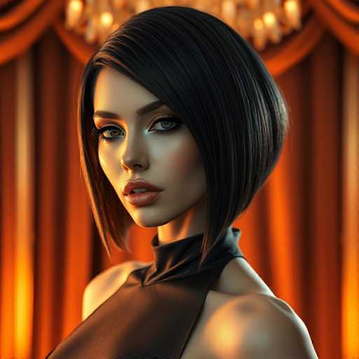 A woman with short black hair and a black top is the main subject of this image. She has striking green eyes that add a pop of color to her look. The background features an orange curtain, which contrasts nicely with her dark hair and adds depth to the scene. There are no other discernible texts or objects in the image.