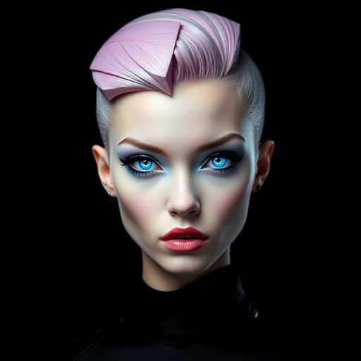 The image shows a close-up portrait of a woman with blonde hair styled into a pink and white fringe. The woman is wearing a black top that contrasts with her vibrant hair color. Her eyes are accentuated by blue makeup, adding a pop of color to the overall look.
