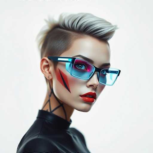 A young woman with short blonde hair and blue glasses is the main subject of this image. She has a striking red lip color that contrasts with her blue glasses. The background is white, which makes her features stand out even more.