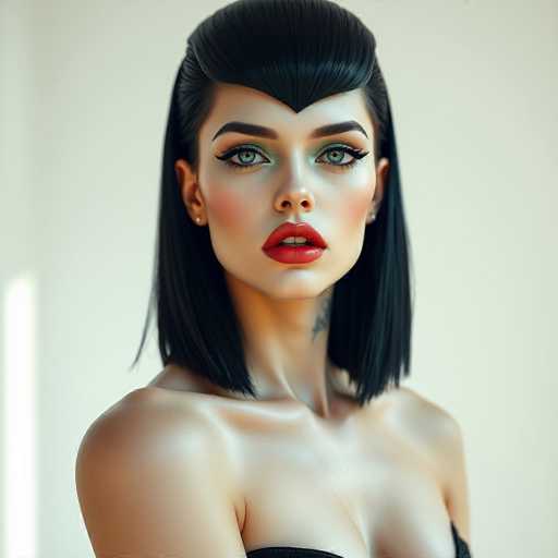 A woman with long black hair and a tattoo on her neck is the main subject of this image. She has striking red lipstick that contrasts with her dark hair. The background is white, which makes her features stand out even more.