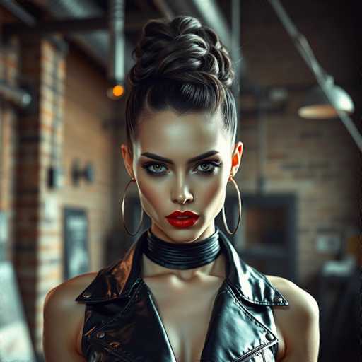 A woman with long dark hair is standing against a brick wall and wearing a black leather jacket over a white blouse. She has large hoop earrings and red lipstick on her lips. The background features a wooden ceiling with exposed beams, creating an industrial aesthetic.