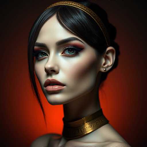 The image shows a close-up portrait of a woman with dark hair and striking blue eyes. She is wearing a gold headband that adds an elegant touch to her appearance. The background is a deep red color, which contrasts beautifully with the woman's features and highlights her as the main subject of the photograph.