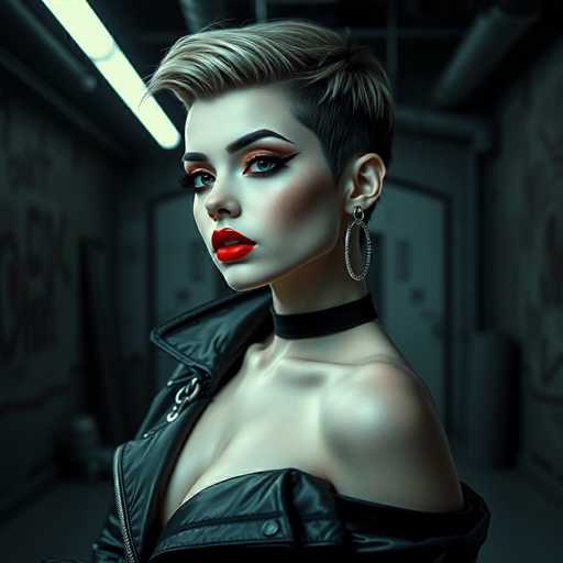 A woman with short blonde hair and a black leather jacket is the main subject of this image. She has striking blue eyes that contrast with her red lipstick. The background features a dark room with graffiti on the walls, creating an urban atmosphere.