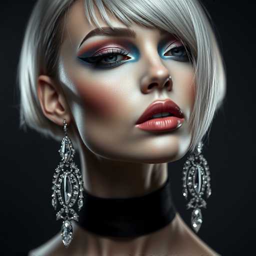 The image shows a close-up portrait of a woman with blonde hair and blue eyes wearing large earrings that have silver chains. The background is black, which contrasts with the white face of the woman.