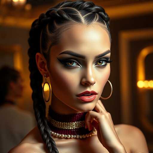 The image shows a woman with long dark hair wearing a gold necklace and earrings. She is looking directly at the camera with her hand resting on her chin. The background features a mirror reflecting the room's interior, which includes a chandelier hanging from the ceiling.