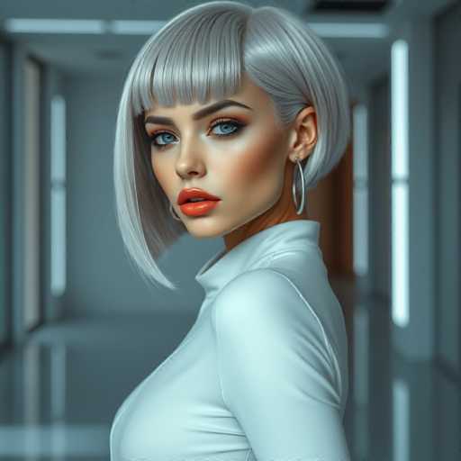 A woman with blonde hair styled in a bob and wearing a white blouse is the main subject of this image. She has blue eyes that contrast with her light skin tone. The background features a hallway with a window on one side and a door on the other.