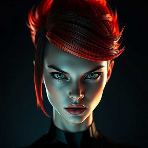 The image shows a close-up portrait of a woman with striking red hair styled in an updo and wearing bold red lipstick. The background is dark and out of focus, drawing attention to the subject's face.