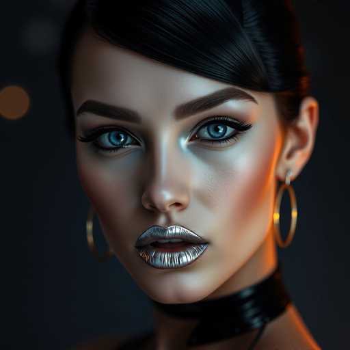 The image shows a close-up portrait of a woman with striking blue eyes and long dark hair. She is wearing gold hoop earrings that catch the light, adding an elegant touch to her appearance. The background is black, which contrasts with the woman's features and makes them stand out even more.