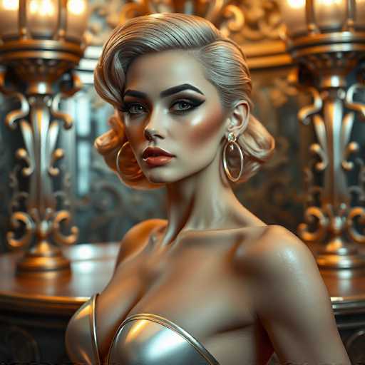 A woman with blonde hair and gold hoop earrings is the main subject of this image. She is wearing a strapless dress that shows off her cleavage. The background features a dark green color scheme with gold accents, including two tall candelabras on either side of the woman's head.