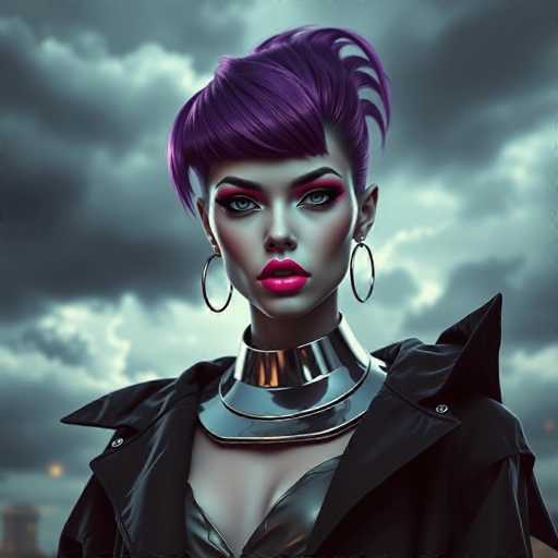 The image shows a woman with purple hair and a black leather jacket against an overcast sky backdrop. She is wearing large hoop earrings that add a touch of glamour to her appearance. The woman's gaze is directed straight at the camera, creating a sense of connection between the viewer and the subject.