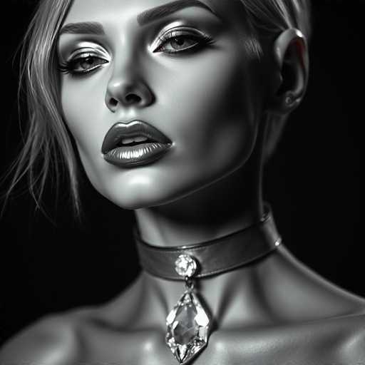 A woman with blonde hair and blue eyes is wearing a choker necklace that features a large crystal pendant. The image is in black and white, giving it an artistic and timeless quality.