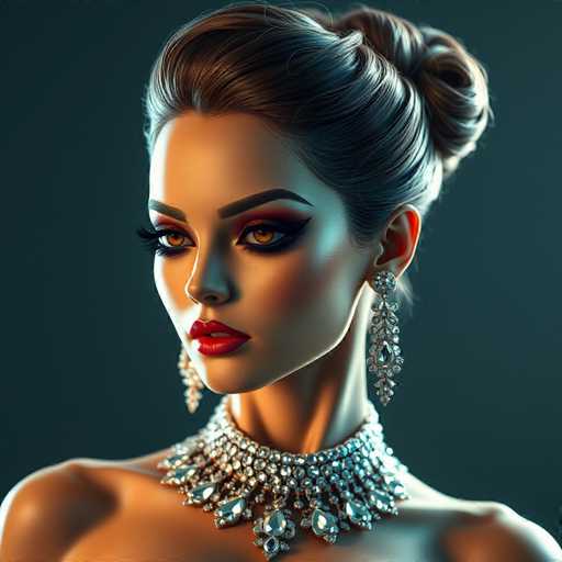 The image shows a close-up portrait of a woman with long brown hair styled into an elegant updo and wearing a large, sparkling diamond necklace that catches the light. The background is dark and blurred, drawing attention to the subject's face and highlighting her features.
