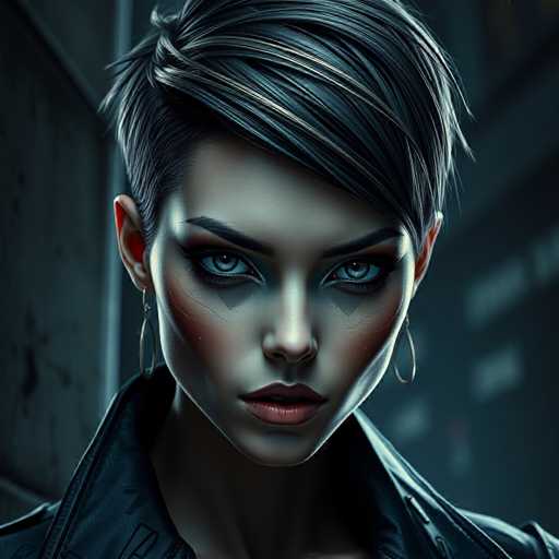 The image shows a close-up portrait of a woman with striking blue eyes and dark hair styled into a short bob. She is wearing a black leather jacket that contrasts with her light skin tone. The background appears to be a city street at night, adding an urban feel to the scene.