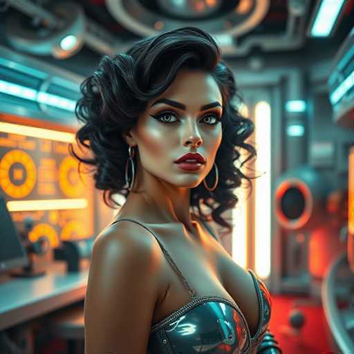 The image shows a woman with long dark hair wearing a tight-fitting silver bra and a red lipstick. She is standing against a futuristic background that includes a large screen displaying an orange circle and a black robot in the foreground. The lighting in the scene is predominantly blue and green, creating a futuristic atmosphere.