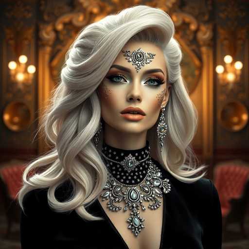 The image shows a woman with blonde hair wearing a black dress and a necklace featuring large, sparkling stones. She is standing against a dark background that includes a red chair and a gold-framed mirror. The woman's face is lit up with a bright smile as she looks directly at the camera.