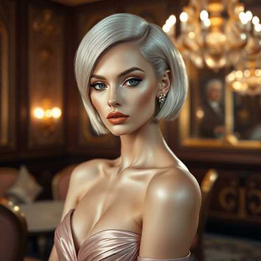A woman with blonde hair and a strapless dress is the main subject of this image. She has her arms crossed over her chest and is looking directly at the camera. The background features a chandelier hanging from the ceiling and a painting on the wall behind her.