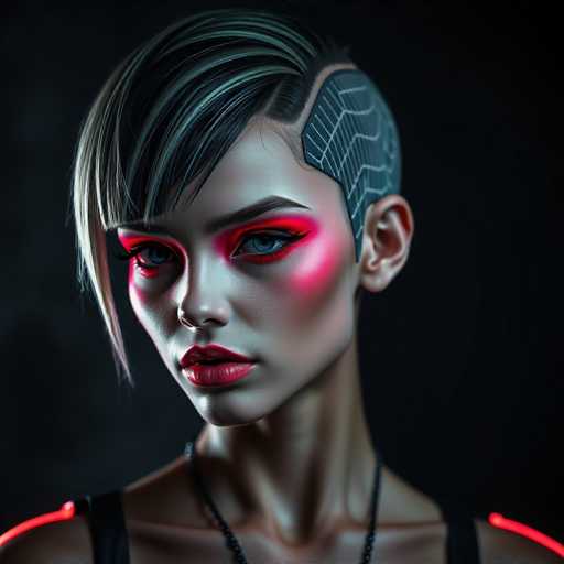 The image shows a close-up portrait of a woman with striking red lipstick and a unique hairstyle featuring a spider web pattern shaved into her hair. The background is black, which contrasts with the vibrant colors of the woman's makeup and hair.