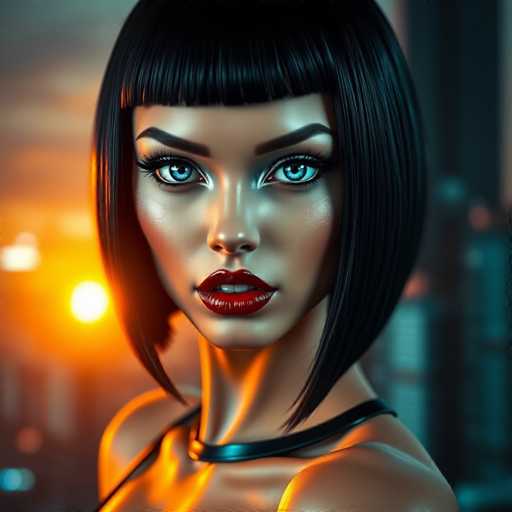 The image shows a close-up portrait of a woman with striking blue eyes and red lips. She is wearing a black dress that contrasts with the warm glow of the setting sun behind her. The background features a city skyline at sunset, adding depth to the scene.
