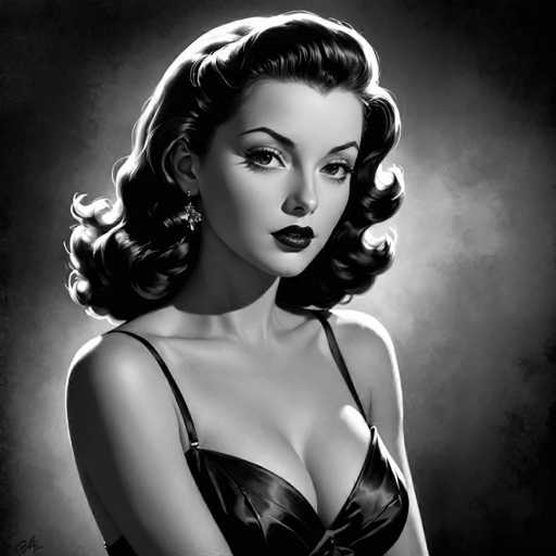 The image is a black and white portrait of a woman with long hair styled in loose curls. She is wearing a strapless bra and has her hair down. The background is dark and blurred, which makes the woman stand out as the main subject of the painting.