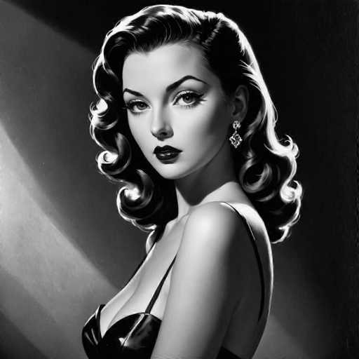 A woman with long curly hair is wearing a strapless black dress and has her hair styled in loose curls. She is looking directly at the camera with an air of confidence. The image is rendered in black and white, giving it a timeless quality that adds to its artistic appeal.