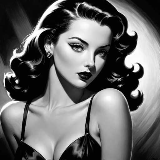 The image is a black and white portrait of a woman with long hair styled in loose curls. She is wearing a strapless bra and has dark lipstick on her lips. The background features a blurred light source that casts shadows around the woman's face, creating an ethereal atmosphere.