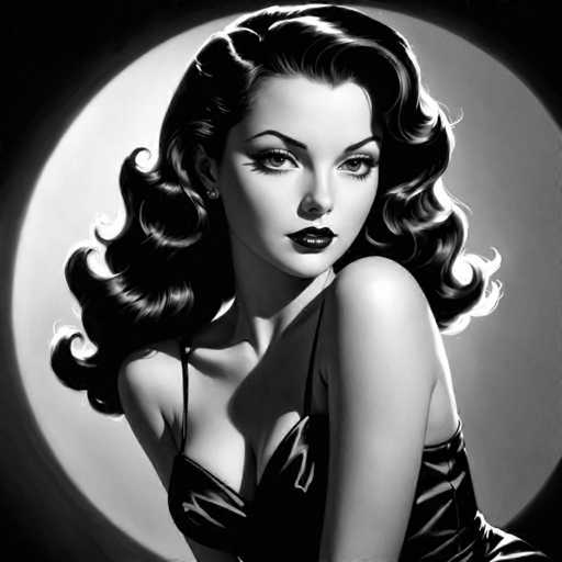 The image is a black and white portrait of a woman with long hair styled in loose curls. She is wearing a strapless dress that falls just below her shoulders. The background features a circular pattern, which adds depth to the composition.