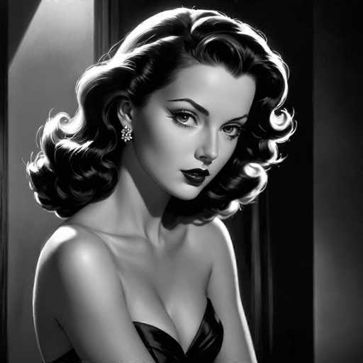 The image is a black and white portrait of a woman with long hair styled in loose curls. She has dark lipstick on her lips and is wearing a strapless dress that falls to just below her shoulders. The background features a simple wooden wall with a window, providing a stark contrast to the woman's attire and adding depth to the image.