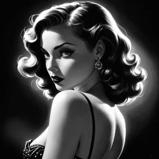 The image is a black and white portrait of a woman with curly hair wearing a corset. She has her back turned towards the viewer, giving an impression of mystery or intrigue. The woman's gaze is directed off to the side, adding depth to the composition.