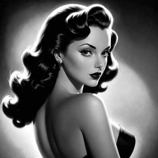 The image is a black and white portrait of a woman with long hair styled in loose curls. She has dark makeup on her eyes and lips, giving her a striking appearance. The background is blurred, drawing focus to the subject's face.