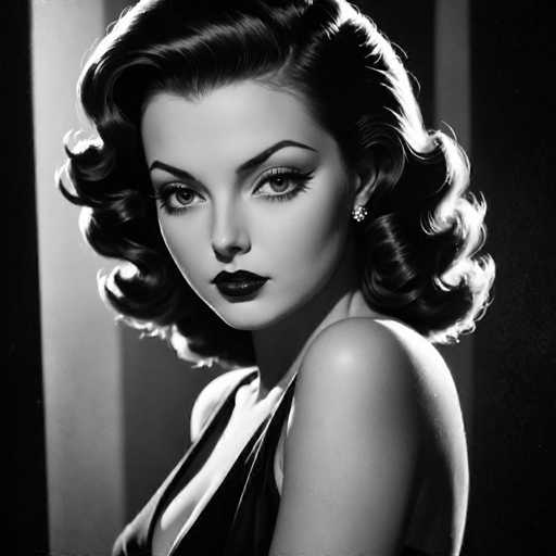 A woman with long dark hair is captured in a black and white portrait style photograph. She is wearing a dress that falls just below her shoulders, revealing the curves of her body. The background is blurred, drawing focus to the subject's face and upper body.