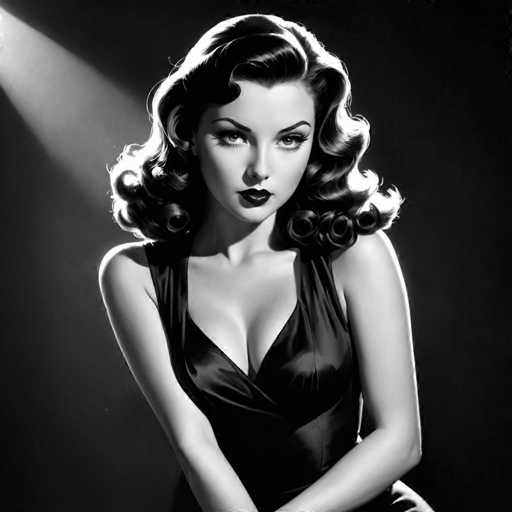A woman with long dark hair is the central figure in this black and white portrait. She is wearing a dress that falls just below her knees, adding an air of elegance to her appearance. The background is a stark contrast to her, featuring a simple black wall that serves as a canvas for the photograph. The lighting from above casts a spotlight on her face, highlighting her features and creating a dramatic effect.