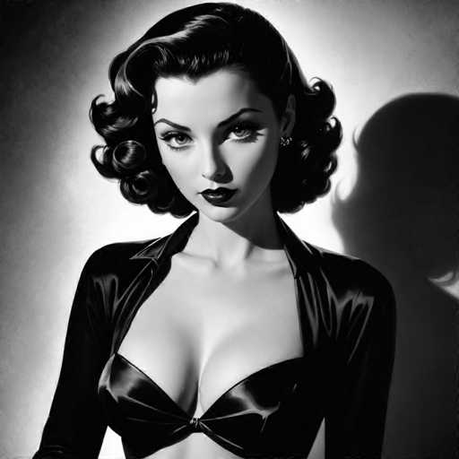A woman with long dark hair is captured in a close-up portrait against a stark white background. She is wearing a black strapless bra and top that accentuates her figure. The image is rendered in black and white, giving it an artistic and timeless quality.