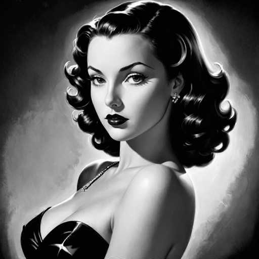 The image is a black and white portrait of a woman with curly hair wearing a strapless dress. The woman's face is the main focus, with her eyes looking directly at the camera.