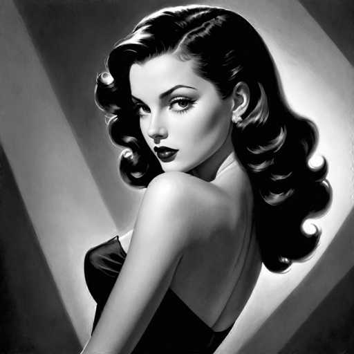 The image is a black and white portrait of a woman with long hair styled in loose curls. She has dark makeup on her eyes and lips, giving her a striking appearance. The background features a simple geometric pattern that contrasts with the woman's figure.