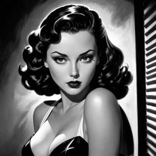 The image is a black and white portrait of a woman with curly hair wearing a strapless bra. The woman's face is the main focus, and she has her eyes looking directly at the camera.