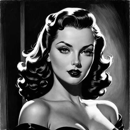 The image is a black and white portrait of a woman with curly hair wearing a strapless dress. The woman's face is the main focus, and she has her eyes looking directly at the viewer. The background is dark, which contrasts with the lighter features on the woman's face and highlights her presence in the scene.