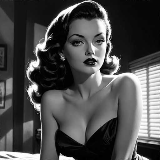 A woman with long dark hair and a strapless black dress is the central figure in this black and white image. The background features a window that allows natural light to illuminate the scene.