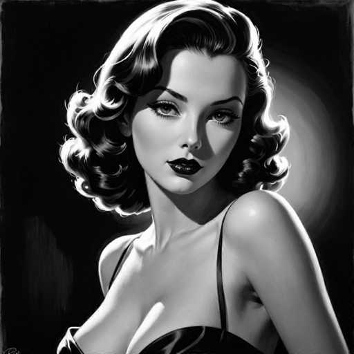 The image is a black and white portrait of a woman with curly hair wearing a strapless dress. The woman's face is the main focus, and she has her eyes closed, giving an air of mystery or contemplation. The background is dark, which contrasts with the lighter features on the woman's face and highlights her presence in the image.