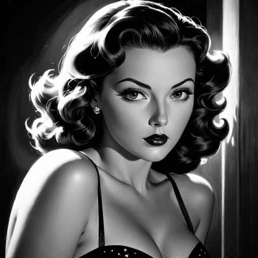 The image is a black and white portrait of a woman with curly hair wearing a bra strap over her shoulder. The woman's face is the main focus, and she has dark lipstick on her lips. Her eyes are looking directly at the camera, giving an intense gaze.